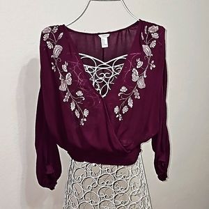 Forever 21 Women's Small Crossover Cold Shoulder Embroidered Floral Burgundy Top